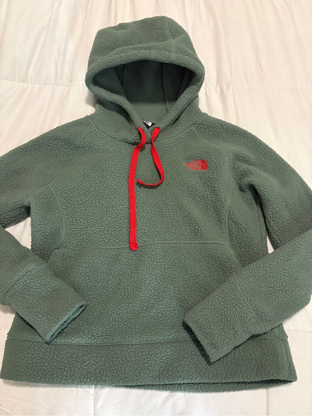 The North Face womenโs Sage Green Sherpa Hoodie with Red Accents